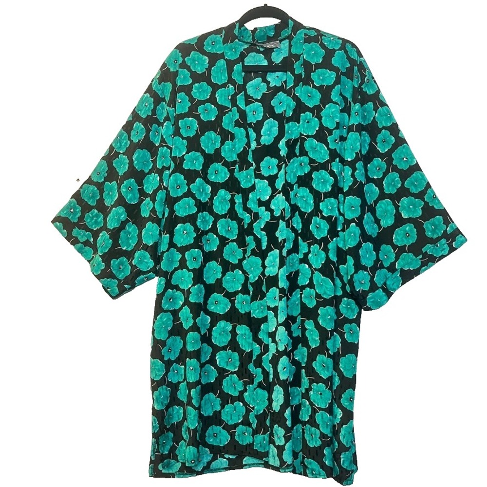 VTG Teal Turquoise Floral Kimono Robe One Size Open Boho House Coat